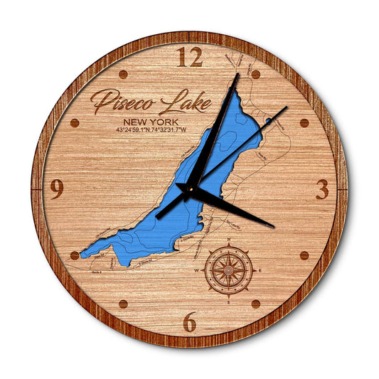 Piseco Lake, New York 14in Layered Map Clock - Any Lake, Pond, or Reservoir - Unique Home Decor