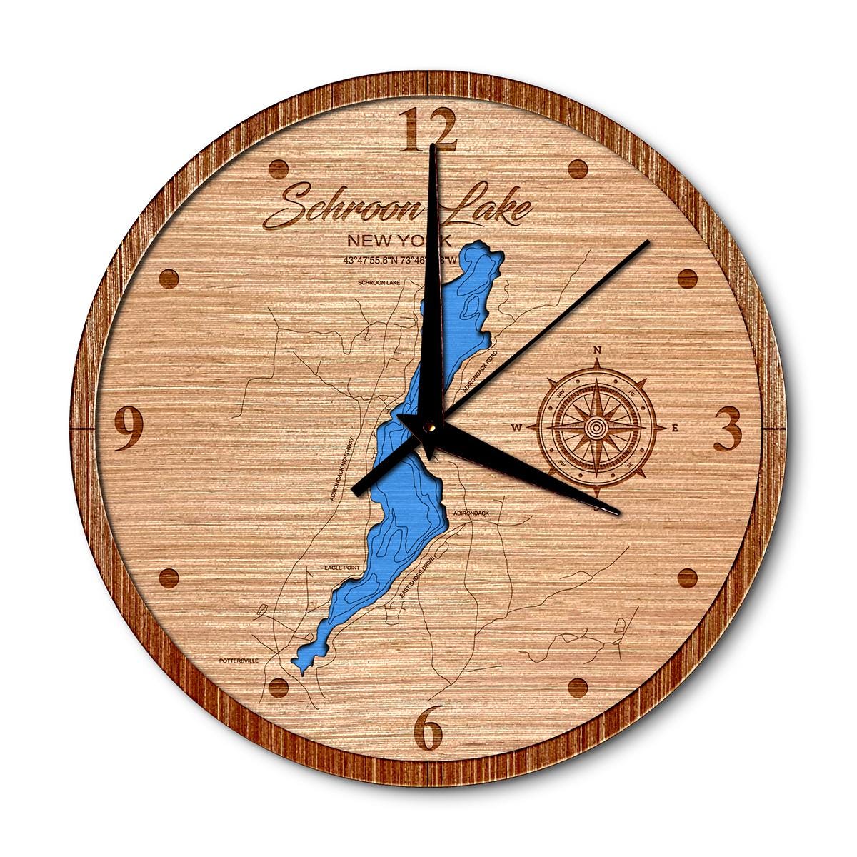 Schroon Lake, New York 14in Layered Map Clock - Any Lake, Pond, or Reservoir - Unique Home Decor