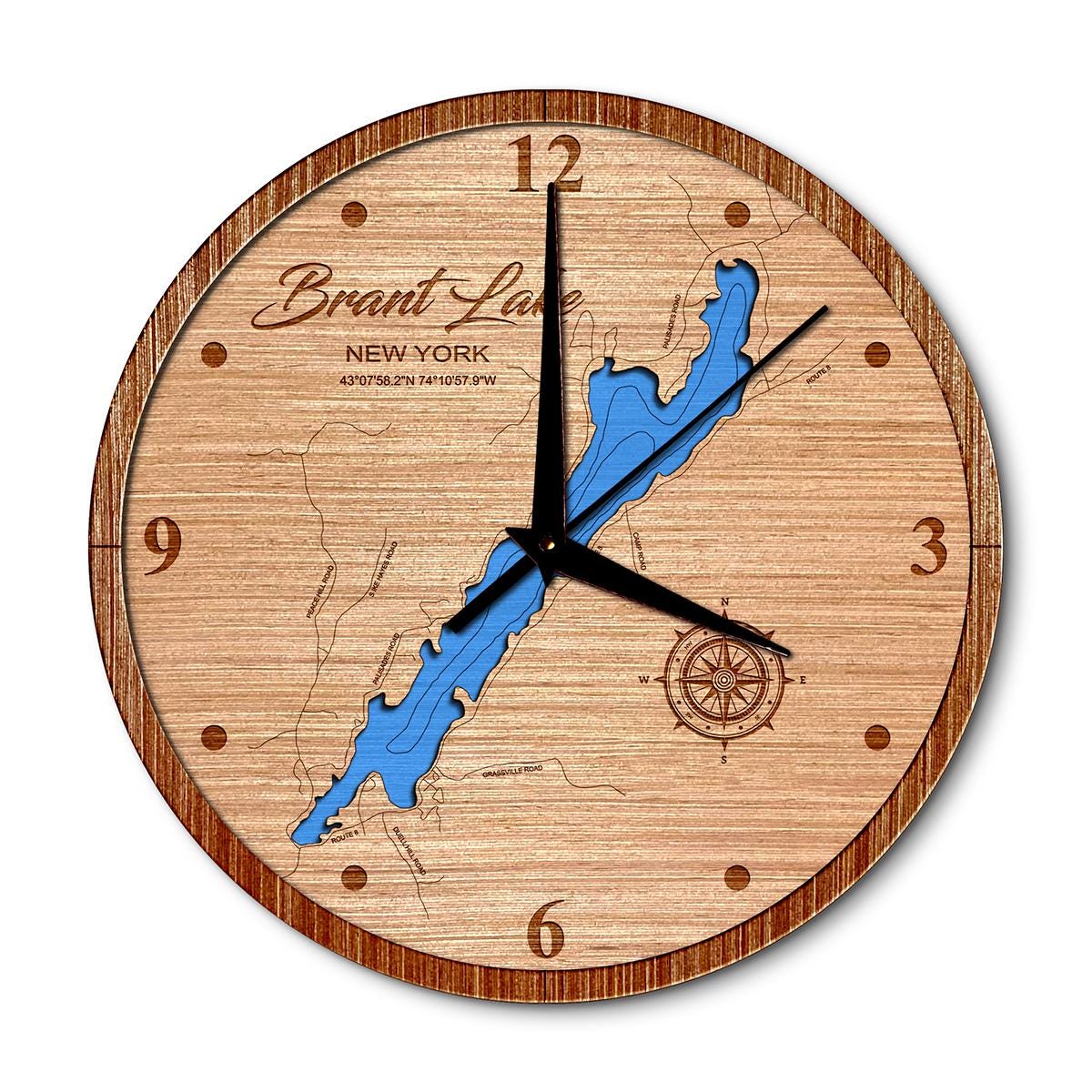 Brant Lake, New York 14in Layered Map Clock - Any Lake, Pond, or Reservoir - Unique Home Decor