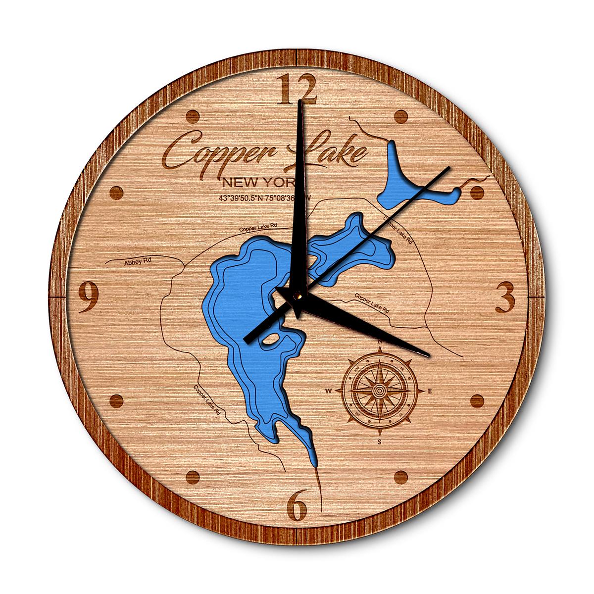 Copper Lake, New York 14in Layered Map Clock - Any Lake, Pond, or Reservoir - Unique Home Decor