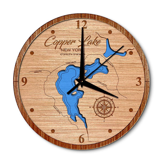 Copper Lake, New York 14in Layered Map Clock - Any Lake, Pond, or Reservoir - Unique Home Decor