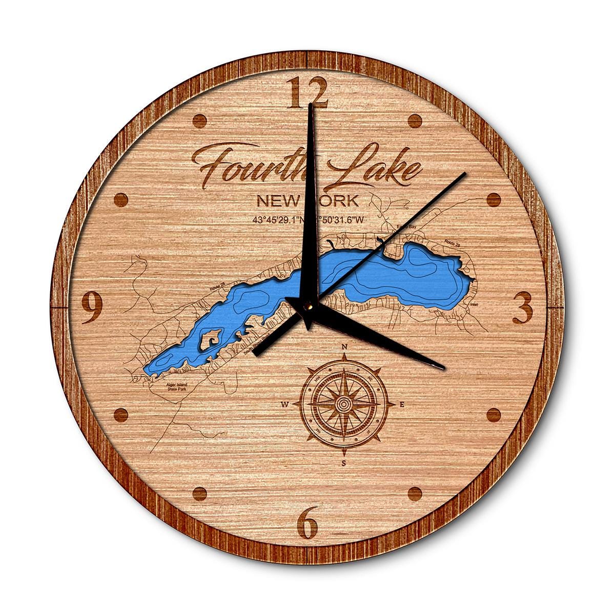 Fourth Lake (fulton chain)in New York 14in Layered Map Clock - Any Lake, Pond, or Reservoir - Unique Home Decor