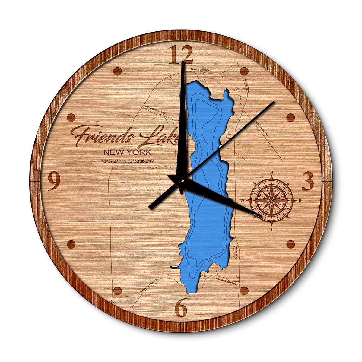 Friends Lake, New York 14in Layered Map Clock - Any Lake, Pond, or Reservoir - Unique Home Decor