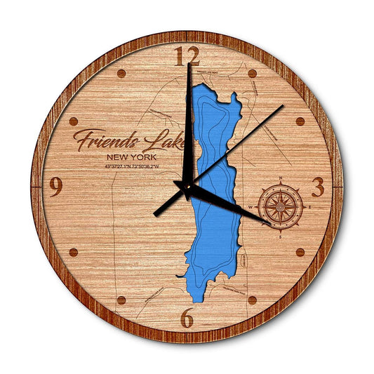 Friends Lake, New York 14in Layered Map Clock - Any Lake, Pond, or Reservoir - Unique Home Decor
