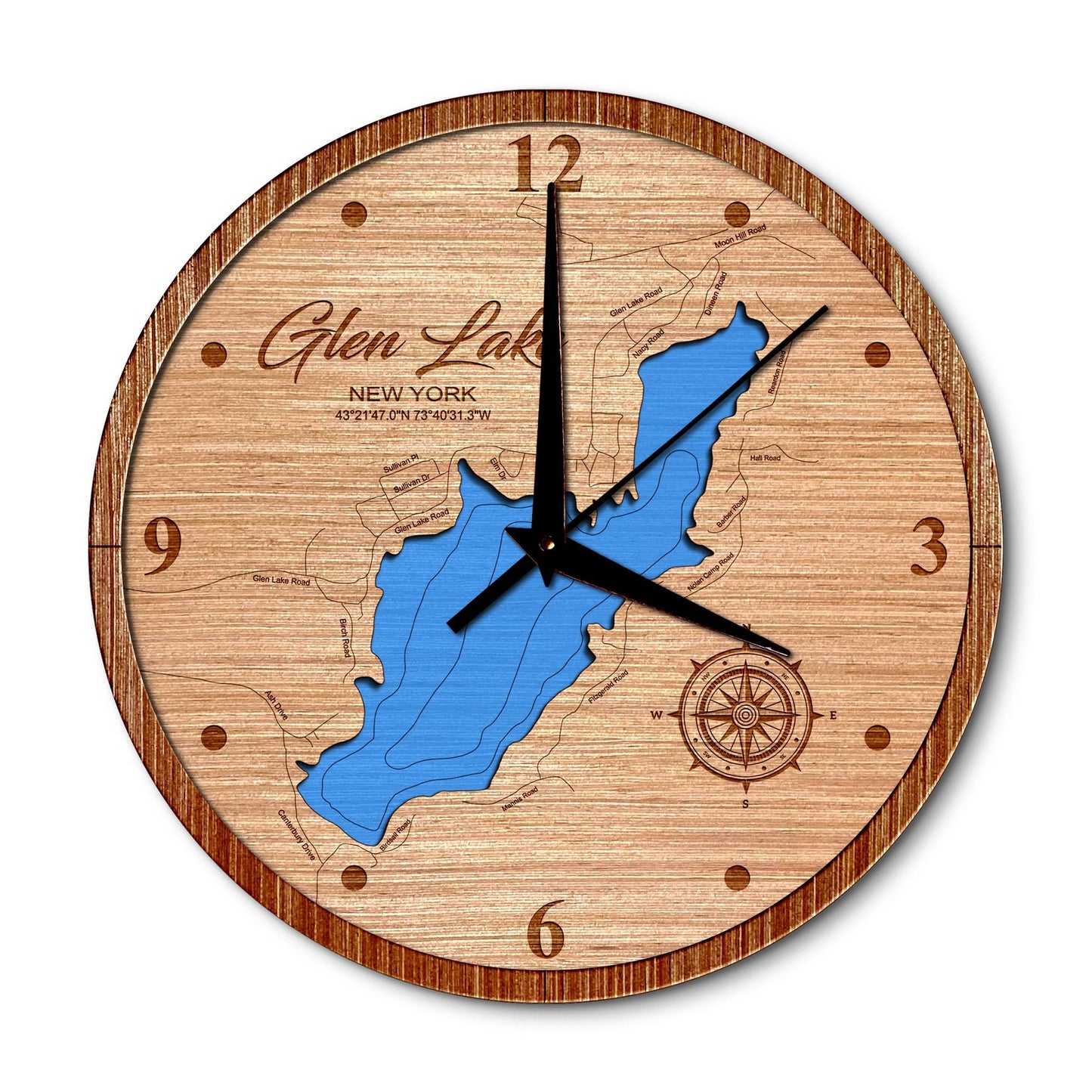 Glen Lake, New York 14in Layered Map Clock - Any Lake, Pond, or Reservoir - Unique Home Decor