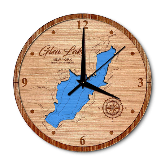 Glen Lake, New York 14in Layered Map Clock - Any Lake, Pond, or Reservoir - Unique Home Decor