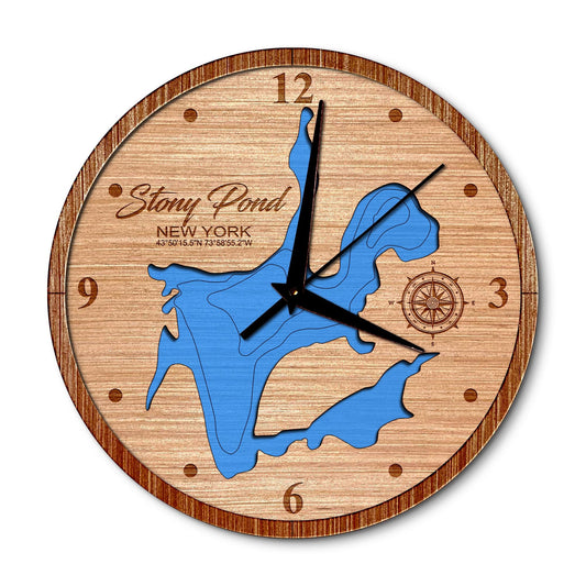 Stony Pond in Minerva, New York 14in Layered Map Clock - Any Lake, Pond, or Reservoir - Unique Home Decor