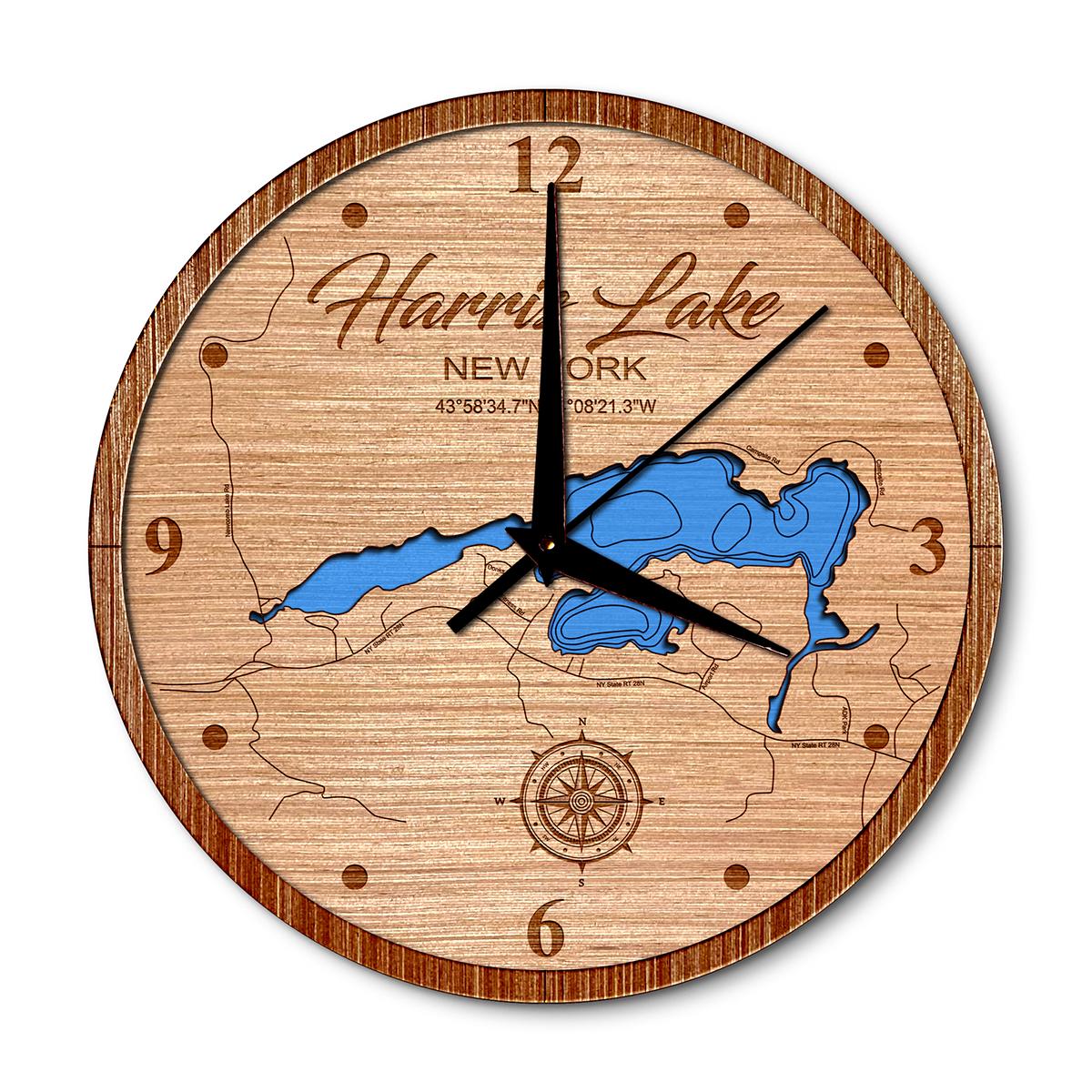 Harris Lake, New York 14in Layered Map Clock - Any Lake, Pond, or Reservoir - Unique Home Decor