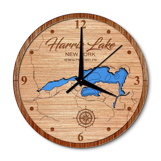 Harris Lake, New York 14in Layered Map Clock - Any Lake, Pond, or Reservoir - Unique Home Decor