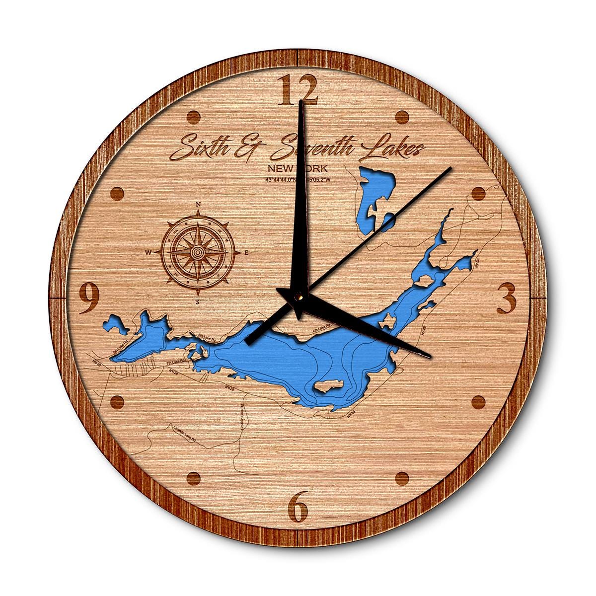 Sixth & Seventh Lake(Fulton Chain), New York 14in Layered Map Clock - Any Lake, Pond, or Reservoir - Unique Home Decor