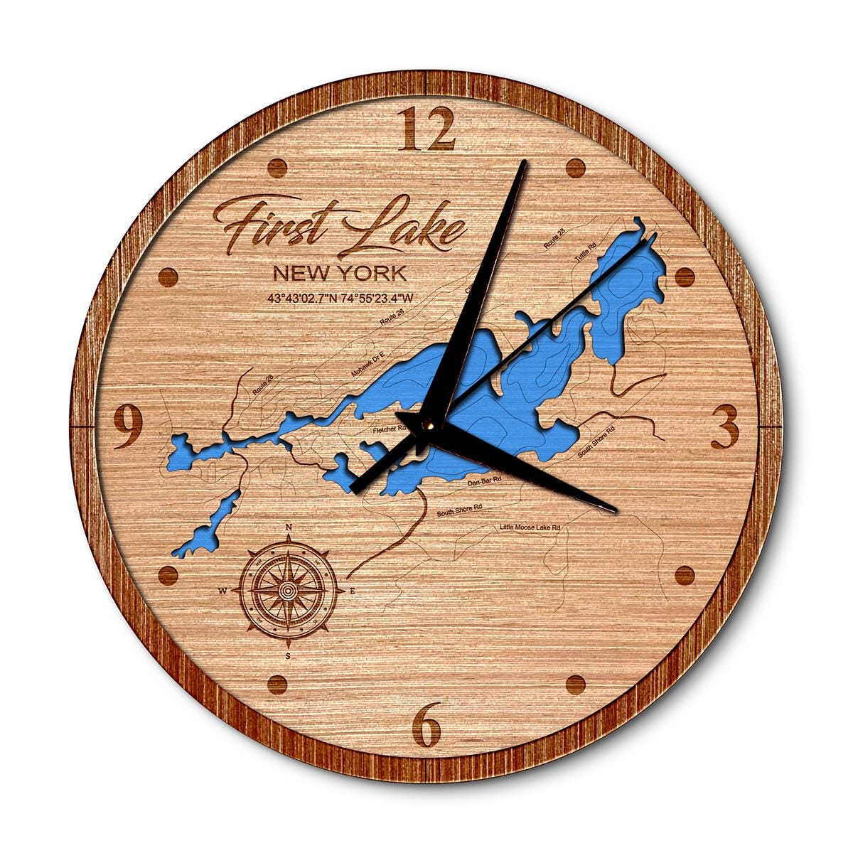 First Lake(Fulton Chain), New York 14in Layered Map Clock - Any Lake, Pond, or Reservoir - Unique Home Decor