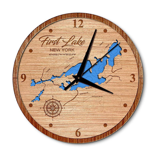 First Lake(Fulton Chain), New York 14in Layered Map Clock - Any Lake, Pond, or Reservoir - Unique Home Decor