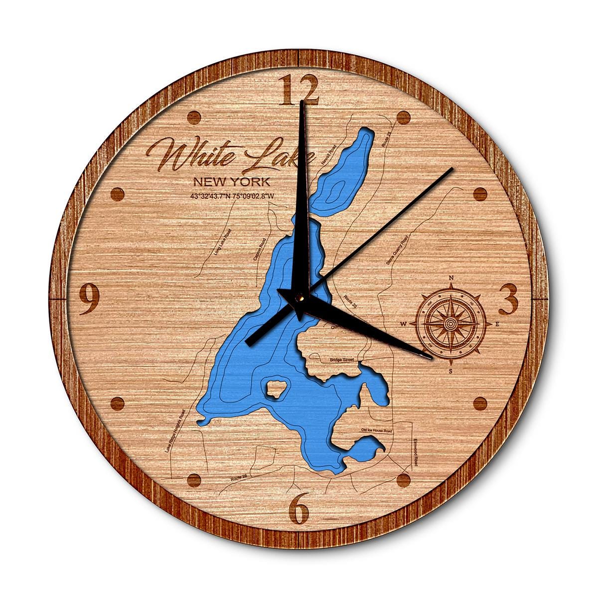 White Lake, New York 14in Layered Map Clock - Any Lake, Pond, or Reservoir - Unique Home Decor