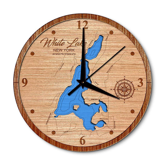 White Lake, New York 14in Layered Map Clock - Any Lake, Pond, or Reservoir - Unique Home Decor