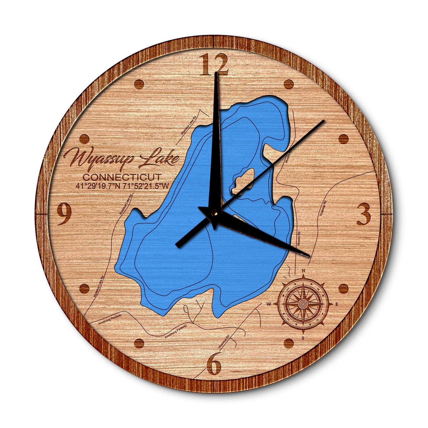 Wyassup Lake, Connecticut 14in Layered Map Clock - Any Lake, Pond, or Reservoir - Unique Home Decor