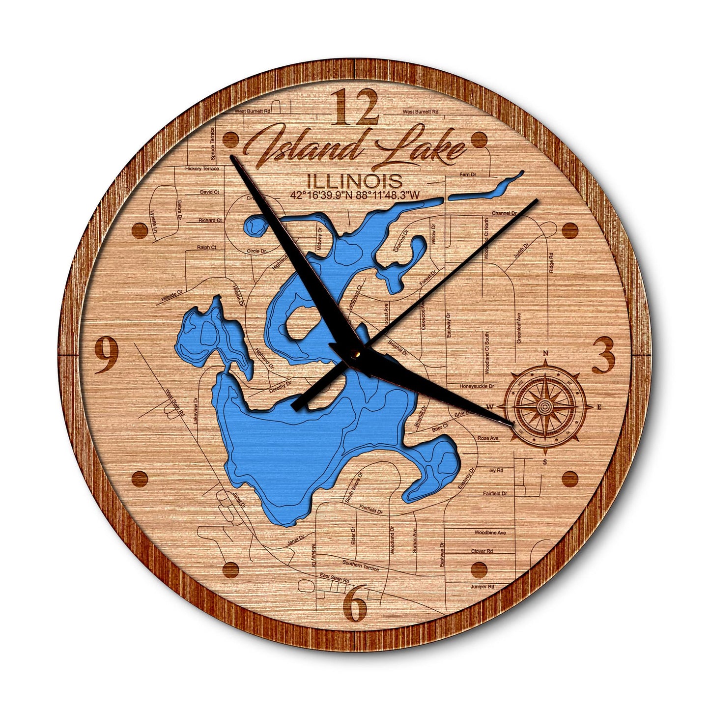 Island Lake, Illinois 14in Layered Map Clock - Any Lake, Pond, or Reservoir - Unique Home Decor