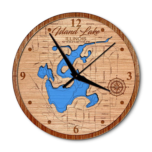 Island Lake, Illinois 14in Layered Map Clock - Any Lake, Pond, or Reservoir - Unique Home Decor