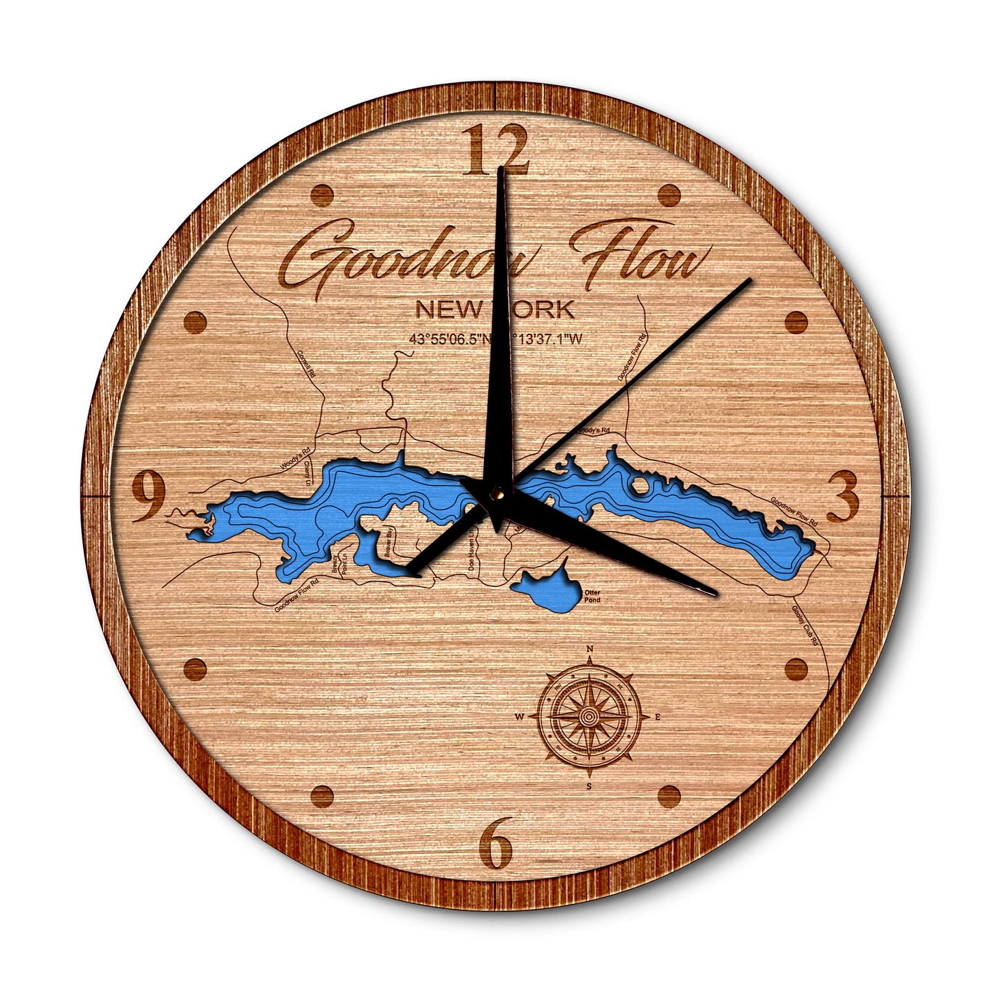 Goodnow Flowage, New York 14in Layered Map Clock - Any Lake, Pond, or Reservoir - Unique Home Decor