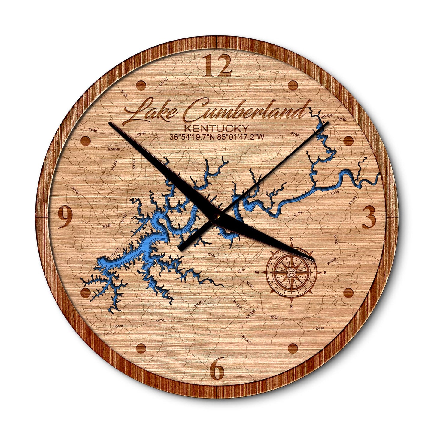 Lake Cumberland, Kentucky 14in Layered Map Clock - Any Lake, Pond, or Reservoir - Unique Home Decor