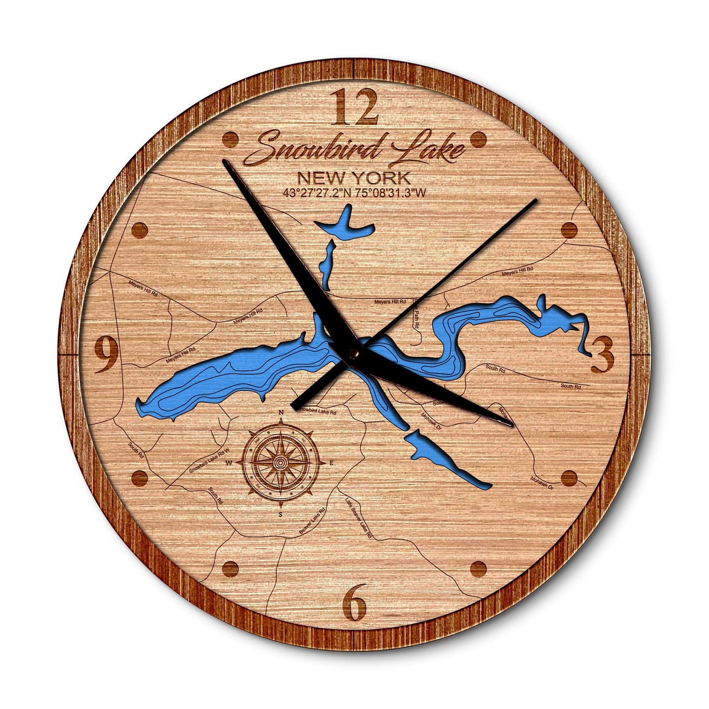 Snowbird Lake in Forestport, NY 14in Layered Map Clock - Any Lake, Pond, or Reservoir - Unique Home Decor