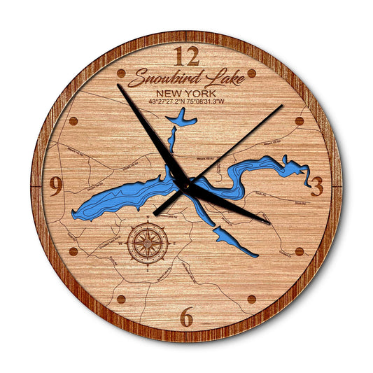 Snowbird Lake in Forestport, NY 14in Layered Map Clock - Any Lake, Pond, or Reservoir - Unique Home Decor