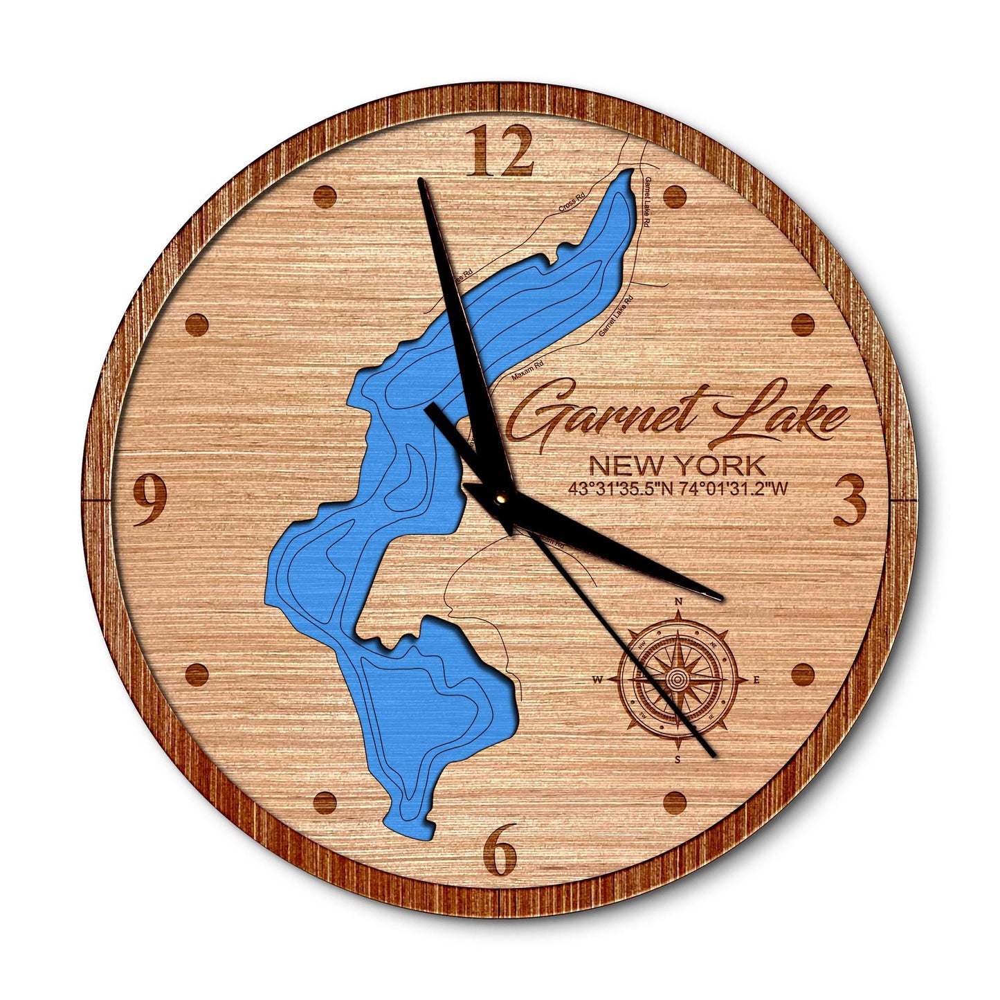Garnet Lake, New York 14in Layered Map Clock - Any Lake, Pond, or Reservoir - Unique Home Decor