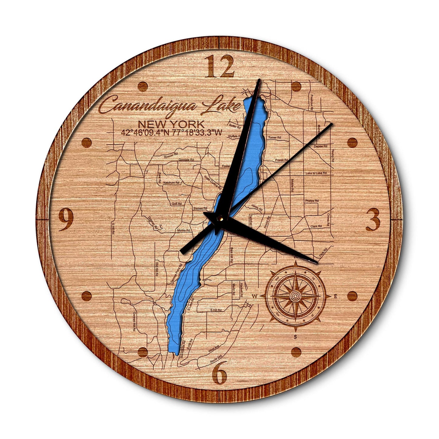 Canandaigua Lake, New York 14in Layered Map Clock - Any Lake, Pond, or Reservoir - Unique Home Decor