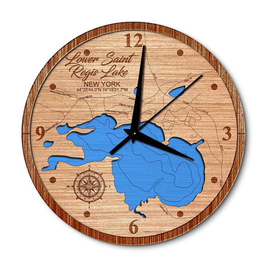 Lower Saint Regis Lake, New York 14in Layered Map Clock - Any Lake, Pond, or Reservoir - Unique Home Decor