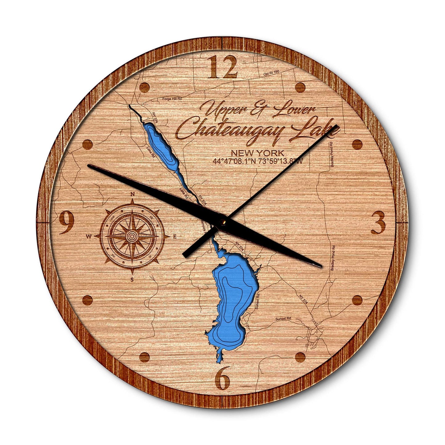 Upper and Lower Chateaugay Lake, New York 14in Layered Map Clock - Any Lake, Pond, or Reservoir - Unique Home Decor