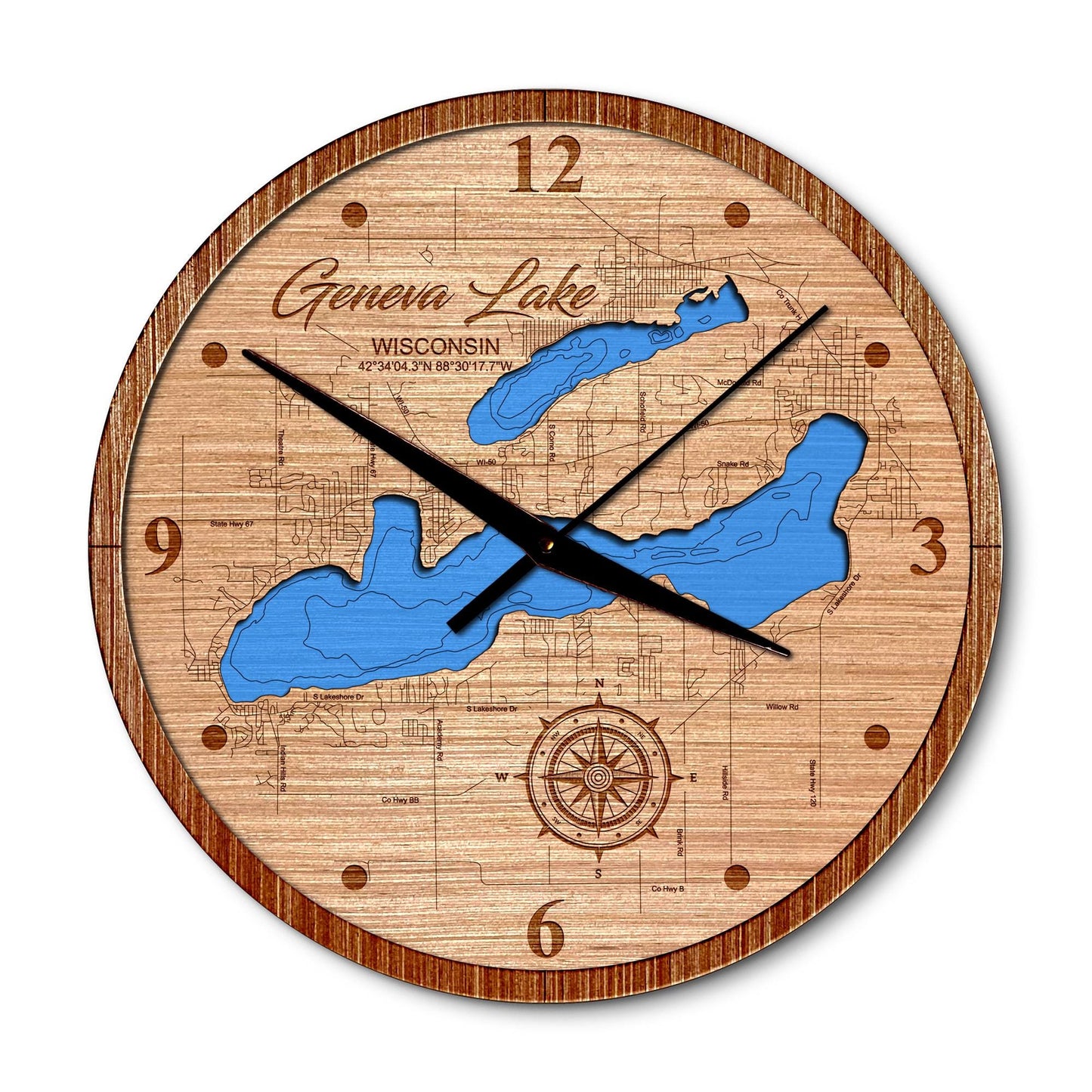 Geneva Lake, Wisconsin 14in Layered Map Clock - Any Lake, Pond, or Reservoir - Unique Home Decor