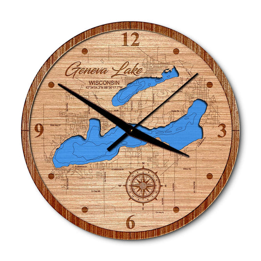 Geneva Lake, Wisconsin 14in Layered Map Clock - Any Lake, Pond, or Reservoir - Unique Home Decor