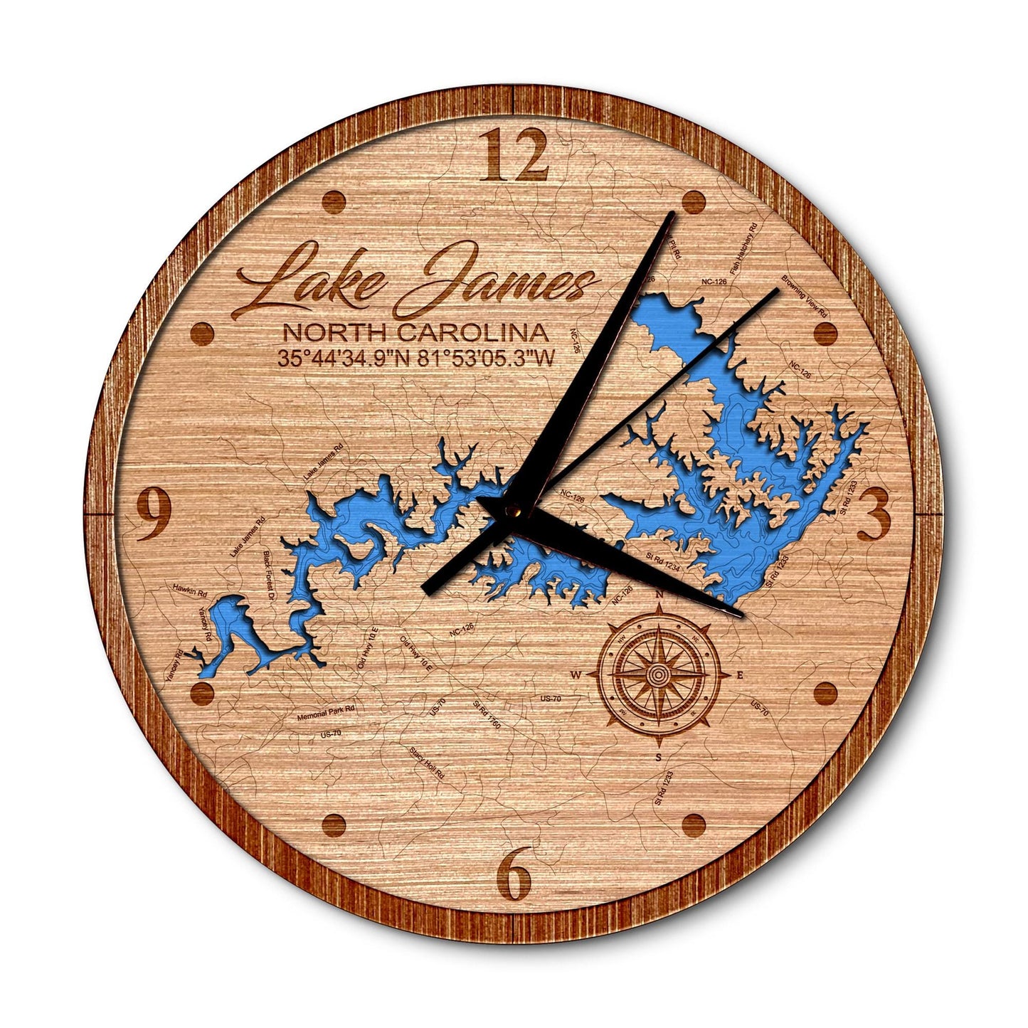 Lake James, North Carolina 14in Layered Map Clock - Any Lake, Pond, or Reservoir - Unique Home Decor