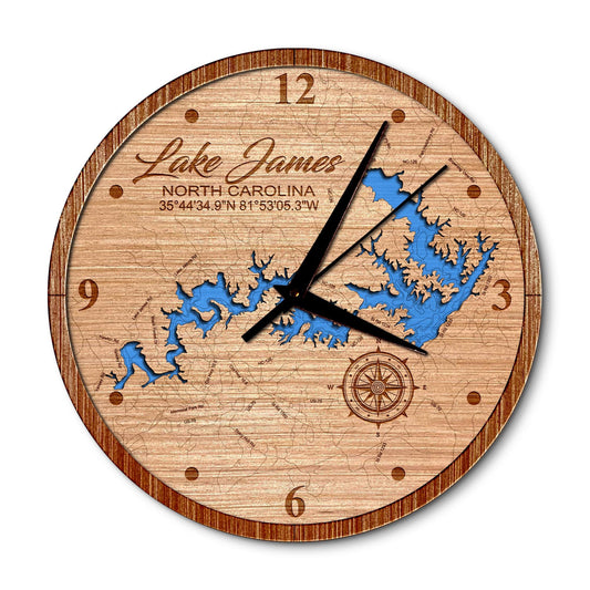 Lake James, North Carolina 14in Layered Map Clock - Any Lake, Pond, or Reservoir - Unique Home Decor