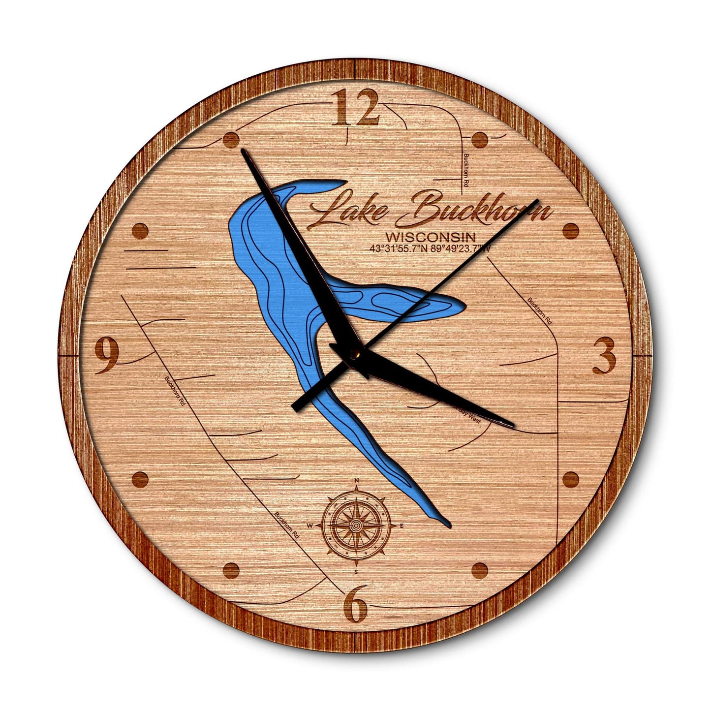 Lake Buckhorn, Wisconsin 14in Layered Map Clock - Any Lake, Pond, or Reservoir - Unique Home Decor