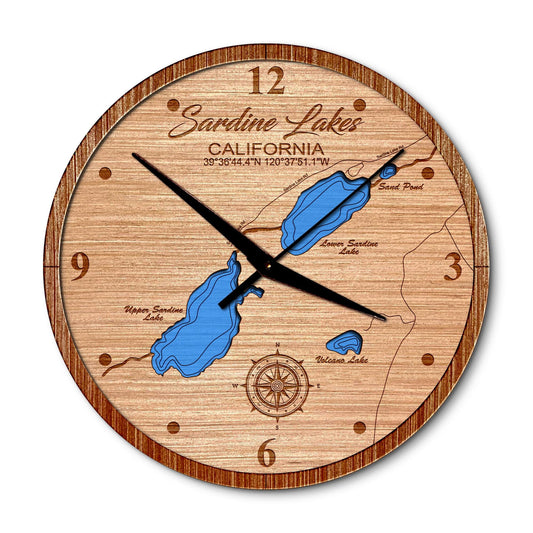 Sardine Lakes, California 14in Layered Map Clock - Any Lake, Pond, or Reservoir - Unique Home Decor
