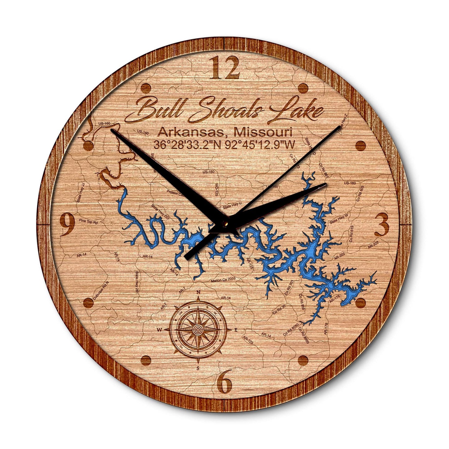 Bull Shoals Lake, Arkansas & Missouri 14in Layered Map Clock - Any Lake, Pond, or Reservoir - Unique Home Decor