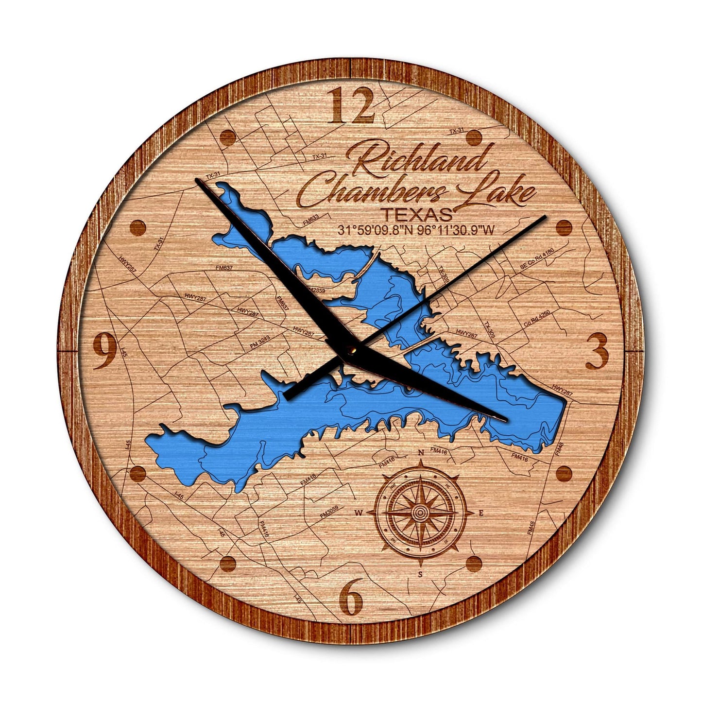 Richland Chambers Lake, Texas 14in Layered Map Clock - Any Lake, Pond, or Reservoir - Unique Home Decor