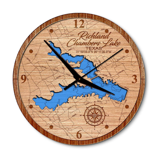 Richland Chambers Lake, Texas 14in Layered Map Clock - Any Lake, Pond, or Reservoir - Unique Home Decor