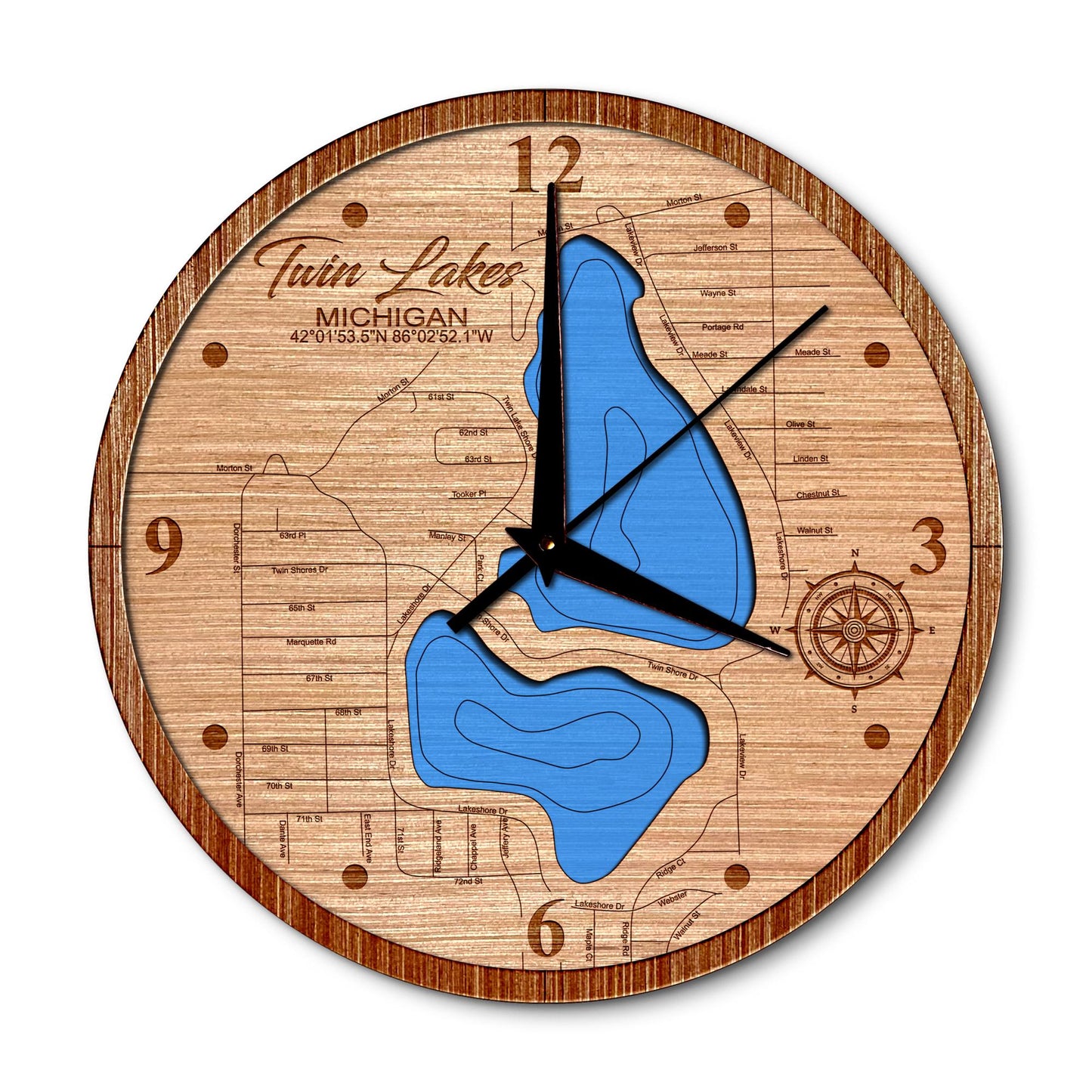 Twin Lakes, Michigan 14in Layered Map Clock - Any Lake, Pond, or Reservoir - Unique Home Decor