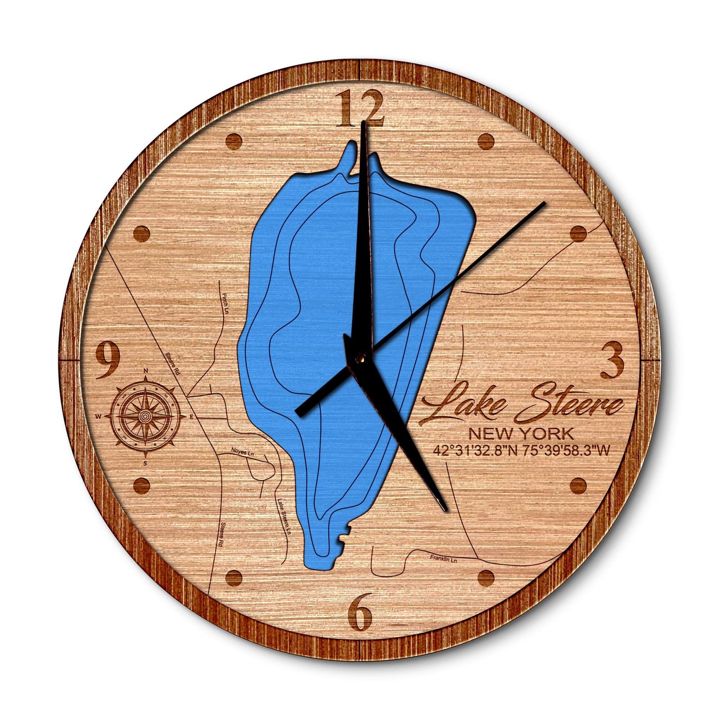Lake Steere, New York 14in Layered Map Clock - Any Lake, Pond, or Reservoir - Unique Home Decor