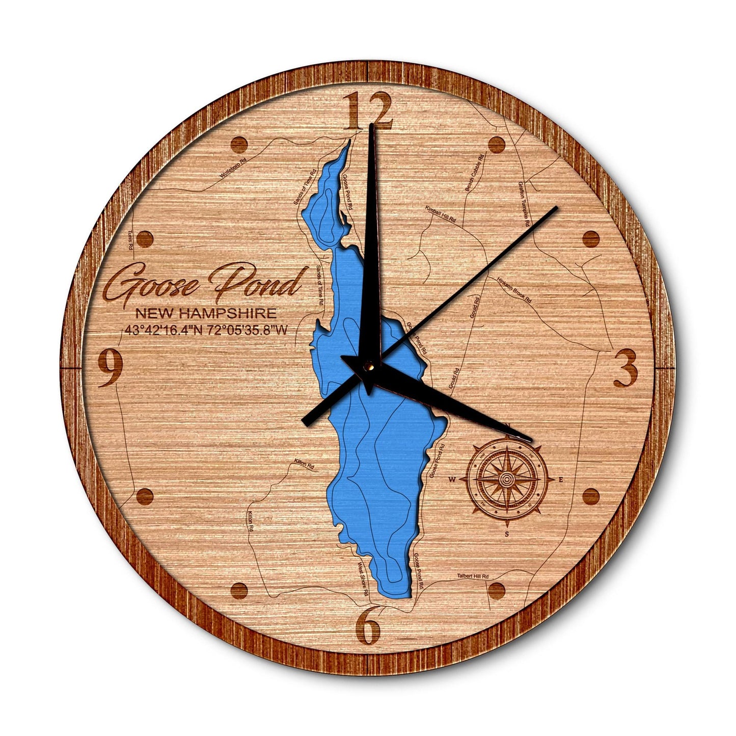 Goose Pond in Canaan, New Hampshire 14in Layered Map Clock - Any Lake, Pond, or Reservoir - Unique Home Decor