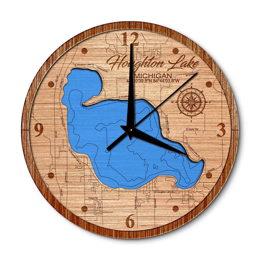Houghton Lake, Michigan 14in Layered Map Clock - Any Lake, Pond, or Reservoir - Unique Home Decor
