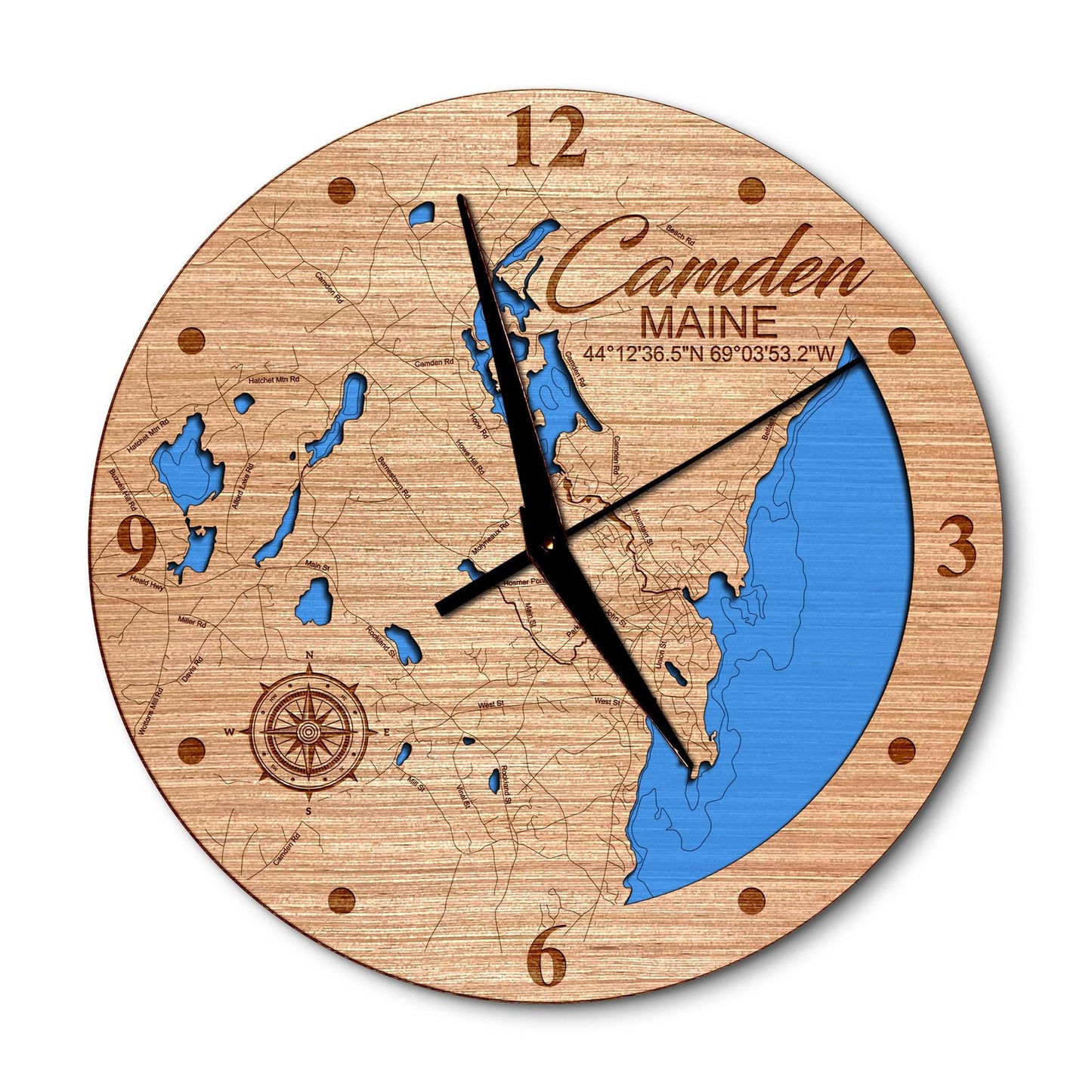 Camden Shoreline, Maine 14in Layered Map Clock - Any Lake, Pond, or Reservoir - Unique Home Decor