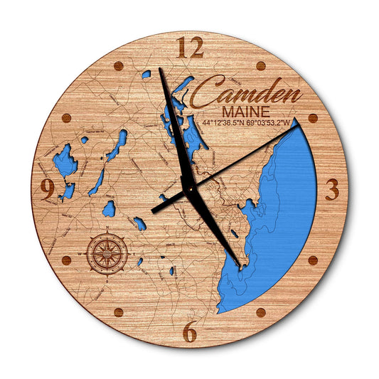 Camden Shoreline, Maine 14in Layered Map Clock - Any Lake, Pond, or Reservoir - Unique Home Decor