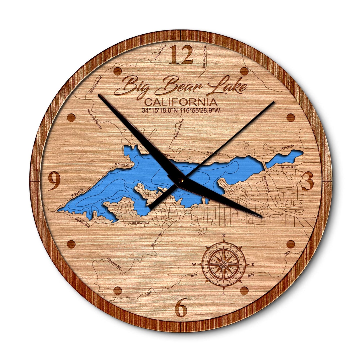 Big Bear Lake, California 14in Layered Map Clock - Any Lake, Pond, or Reservoir - Unique Home Decor