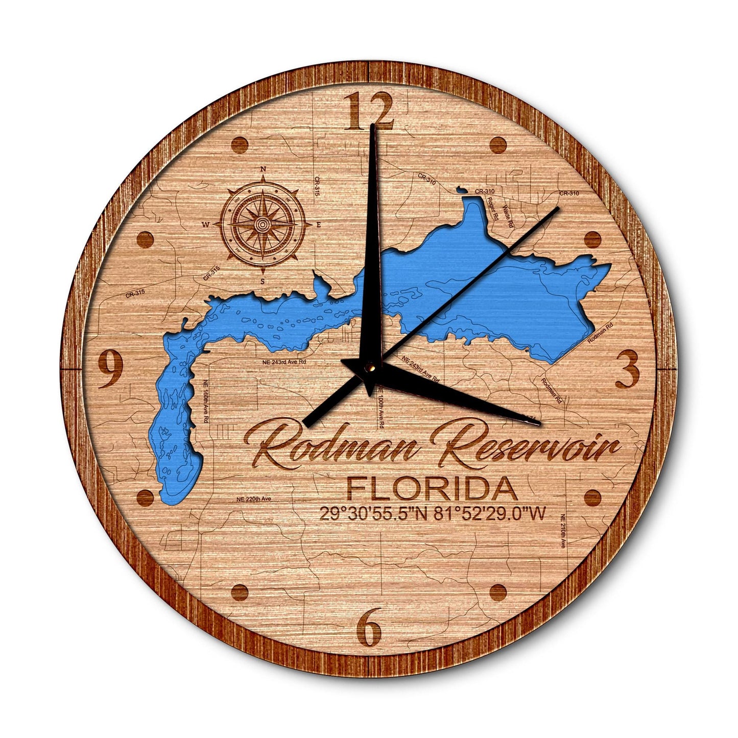 Rodman Reservoir, Florida 14in Layered Map Clock - Any Lake, Pond, or Reservoir - Unique Home Decor