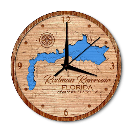 Rodman Reservoir, Florida 14in Layered Map Clock - Any Lake, Pond, or Reservoir - Unique Home Decor
