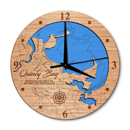 Quincy Bay, Massachusetts 14in Layered Map Clock - Any Lake, Pond, or Reservoir - Unique Home Decor