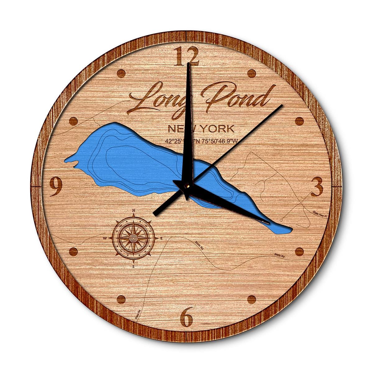 Long Pond in Smithville, New York 14in Layered Map Clock - Any Lake, Pond, or Reservoir - Unique Home Decor