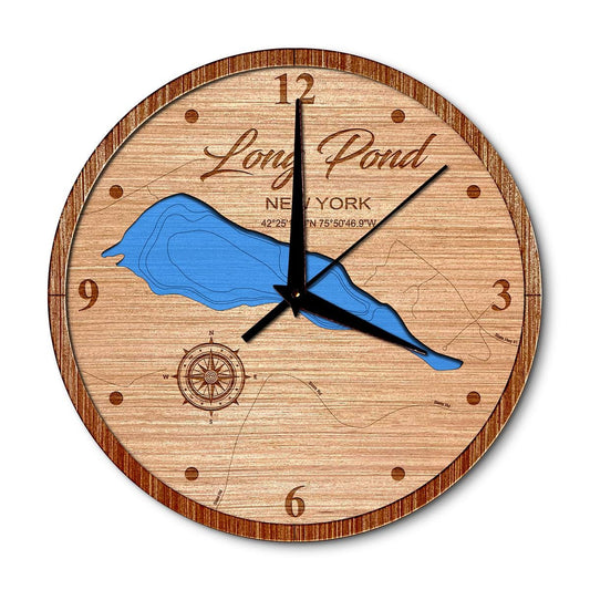 Long Pond in Smithville, New York 14in Layered Map Clock - Any Lake, Pond, or Reservoir - Unique Home Decor